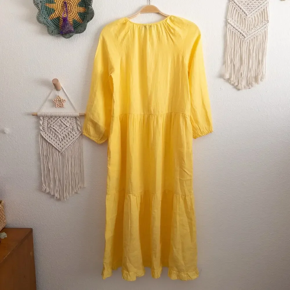 J. Crew Sunny Yellow Linen Tiered Ruffle Trim Midi Dress Size XS/S